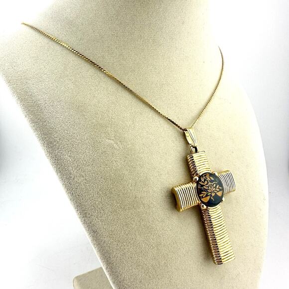 23” Vintage Jeane Dixon Gold Tone Crucifix Libra Zodiac Cabochon Necklace - Picture 3 of 8